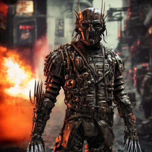 Prompt: Redesigned Gritty cybernetic futuristic military metal tarnished copper detailed armour. dark evil nazi-wolverine. Bloody. Hurt. Damaged mask. Accurate. realistic. evil eyes. Slow exposure. Detailed. Dirty. Dark and gritty. Post-apocalyptic Neo Tokyo with fire and smoke .Futuristic. Shadows. Sinister. Armed. Fanatic. Intense. 