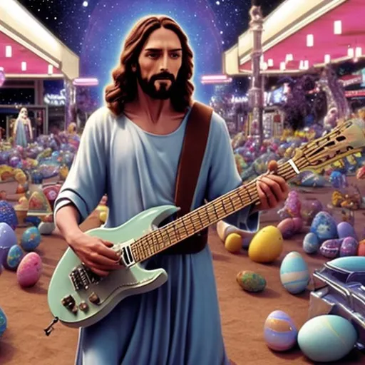Prompt: Jesus playing a double-necked Guitar for spare change in a busy alien mall, widescreen, infinity vanishing point, galaxy background, surprise easter egg