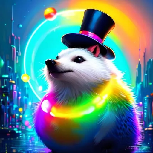 Prompt: fantasy oil painting (((colorful fat porcupine))) (((wearing tophat))) (((bubbles))) (((neon))) cyberpunk surreal,) Disney, pixar, (rainbow), space, illustration, neon, high detail, intricate, elegant, by Jeremy Mann, artgerm, Rutkowski, and other illustrators, intricate details, face, full body portrait, headshot, illustration, UHD, 4K