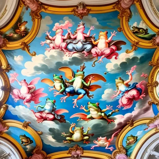 Prompt: A large rococo style ceiling fresco but all the people are frogs. The realistic frogs are dressed in flowing fabrics and some have angel wings. The frogs have clothes like It has beautiful blue and pink hues that make it feel dreamy and warm. The sky is blue the clouds are pink. 