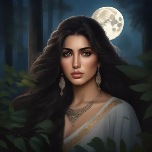 Prompt: highest quality anime art masterpiece, digital drawing, Azerbaijani woman with long black thick wavy messy hair:vistani, sad in a forest on a dark foggy night, big brown eyes, tanned skin:2, waxing moon, huge long wide broad hooked greek aquiline algerian oriental arabic nose, ethereal, jewelry set, highres, realistic, highly detailed, fantasy, gypsy, roma, D&D, Ravenloft, by Ilya Kuvshinov