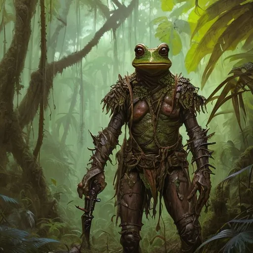 Prompt: Portrait painting, short frog-like humanoid warrior with leather armor, in the jungle, dull colors, danger, fantasy art, by Hiro Isono, by Luigi Spano, by John Stephens