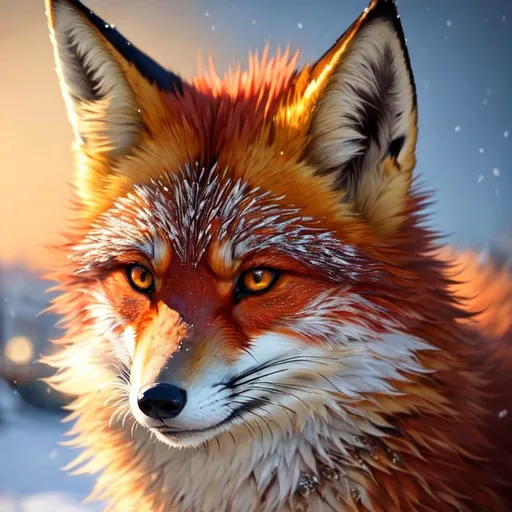 Prompt: (masterpiece, illustration, trending on artstation, best quality:1.5), insanely beautiful portrait of a rugged (fox-wolf hybrid) in a quaint village, with (rose-gold fur), wearing feathers behind its ear, nessy bushy hair, frost on face, (scar on right eye:1.5), its eyes gleam scarlet-amber, soft light, vibrant colors, sunrise, finely detailed, (sharp expressive intricately detailed eyes:3), beautifully defined detailed furry legs, highly detailed shading, slender, (incredibly thick, highly detailed fur:3), highly detailed body, gold aesthetic fur highlights, full body focus, beautifully detailed background, cinematic, 64K, UHD