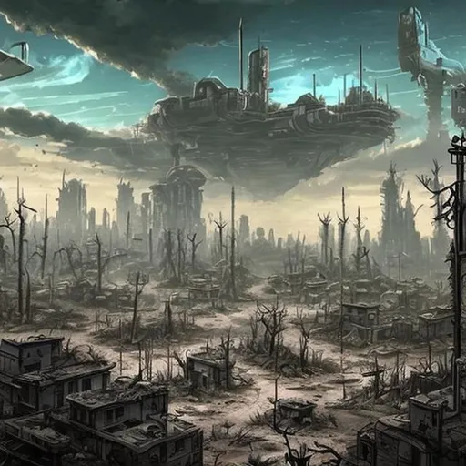Prompt: Post apocalyptic town surrounded by dead trees and a futuristic city in the background 

