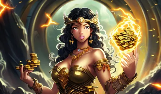Prompt: medium length black wavy hair fantasy anime style woman holding multiple metal ores of gold, silver, bronze, and titanium in a background of sparks and bright orange and red flames