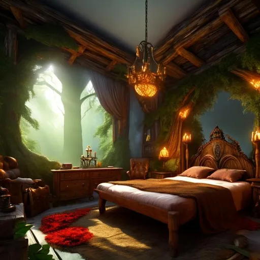 Prompt: fantasy, bedroom interior, UHD, HD, 8K, forest themed bedroom