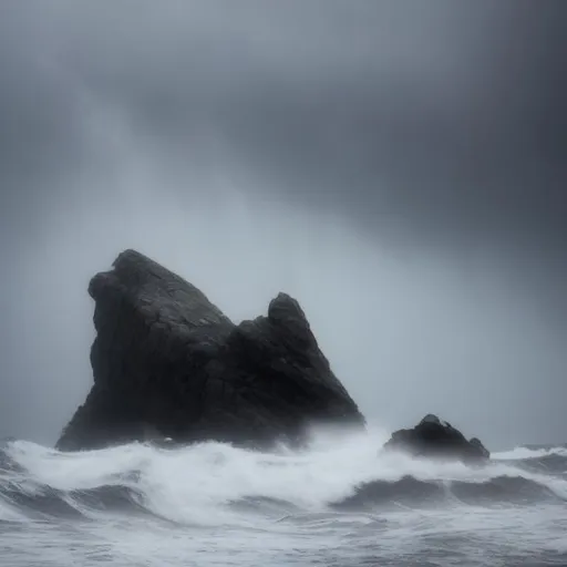 Prompt: A thin, tall rock in the ocean being hit by waves from all directions. The sky is dark and stormy
