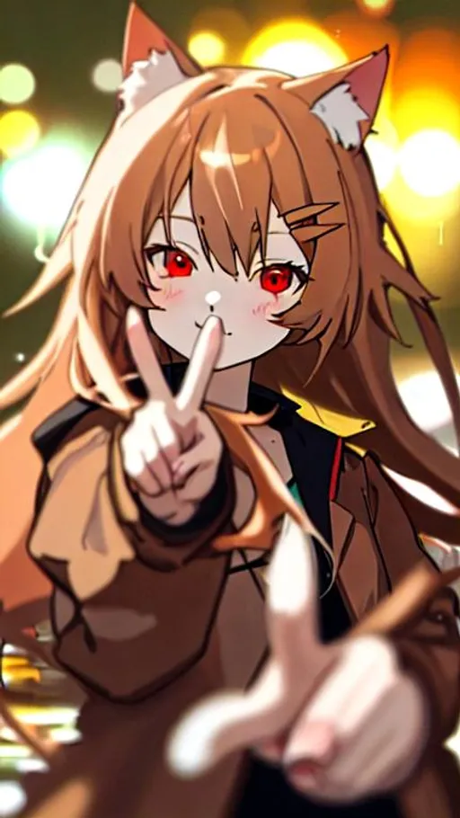 Prompt: cream hair colour, long hair,red eyes, girls anime, cat ear, brown jacket, hair pins, peace sign, lake, bokeh background, potrait