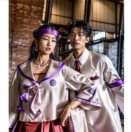 Prompt: A captivating image emerges: An Asian couple is donning a unique fusion of Eastern and Western attire. They are wearing long neckties that add a touch of formality, while overcoat robes makes their outfits look similar to business suits. They radiate strength, resembling terra cotta warriors wearing neckties. The scene is set amidst the backdrop of a warehouse and/or hangar, evoking a realistic and picturesque landscape. The outfits mix Hanfu with neckties and other fashion styles. The photograph captures the essence of this intriguing blend, inviting viewers to delve deeper into the fusion of cultures.
