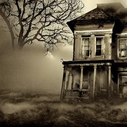 Prompt: a haunted house, dark, stormy, decayed