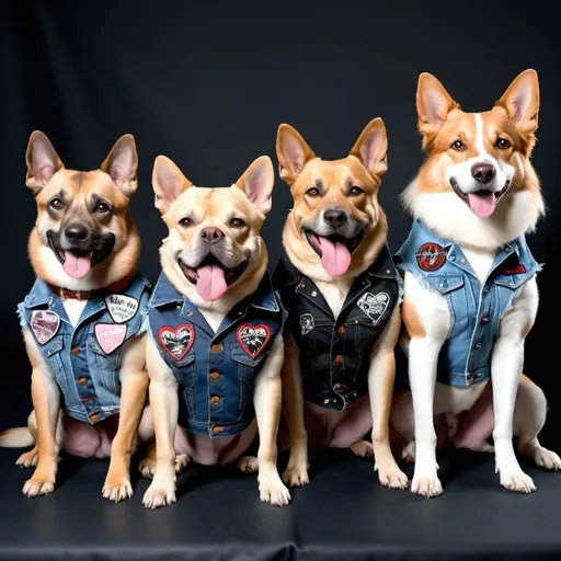 Prompt: dogs wearing a heavy metal music denim vest with patches in a group band photo 