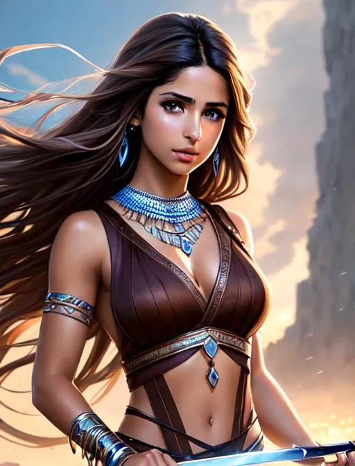 Prompt: Naomi Scott holding the  shiny magical anime long sword, sleeveless, brown hair, brown eyes, wearing tribal cueitl, ethereal, sad, jewelry set balayage wild hair, royal vibe, highly detailed, watery eyes,tears running down face, highly detailed face, digital painting, Trending on artstation , HD quality, tan skin,artgerm,  by Ilya Kuvshinov 