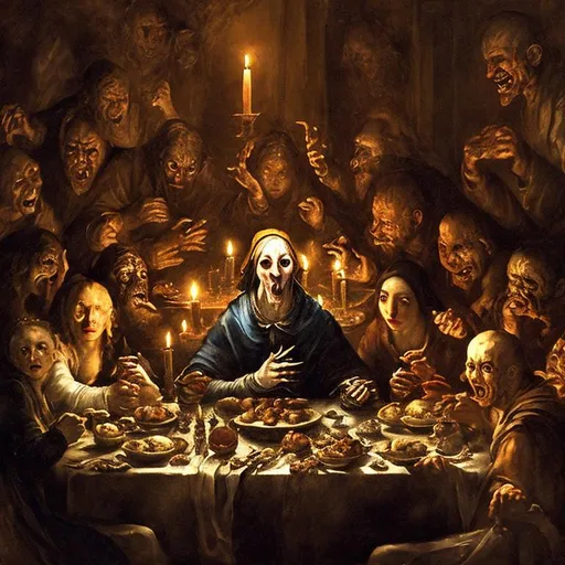 Prompt: Hunger, Devil, Plague and War at the single dinner table in pesant house, feasting, the host is laughing, broken things everywhere, candle light, darkness, harsh lighting, classical painting, Goya style.
