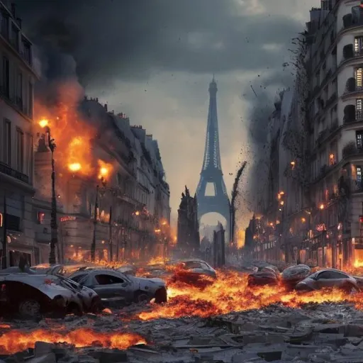 Prompt: a 4k image of paris plunged into chaos during the end of the world. everything is dark, buildings are destroyed and humanoid robots are fighting. everything is in ruins. 