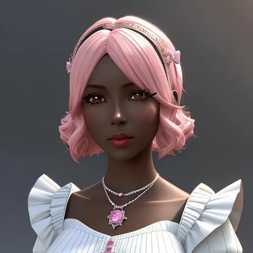 Prompt: 3d anime woman and 4k full HD from the Victorian era, elegant, with pink hair and dark skin