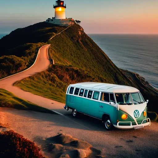Prompt: a Volkswagen van going to a lighthouse on a mountain at night ocean view
