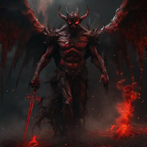 Prompt: An ancient winged demon, walking, holding a fiery sword, wings dripping blood, blood bath, bloody ground, detailed scene, hellish, smoldering red eyes, smoky atmosphere, hyperrealistic, Dark fantasy, Surrealist, DSLR photography, 4K resolution, denoise by 10 steps, Seed: 18, artstation, highly detailed, sharp focus, wide angle shot, sci-fi, eerie, dystopian, cinematic lighting, dark fantasy, subsurface scattering, colorgrading, rim lighting, cinematic lighting, studio lighting, 3D ray tracing, red back lighting. 