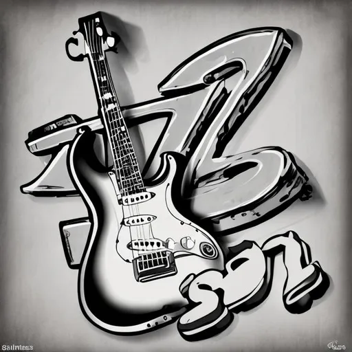 Prompt: the letter "S" next to a guitar in cartoon style black and white