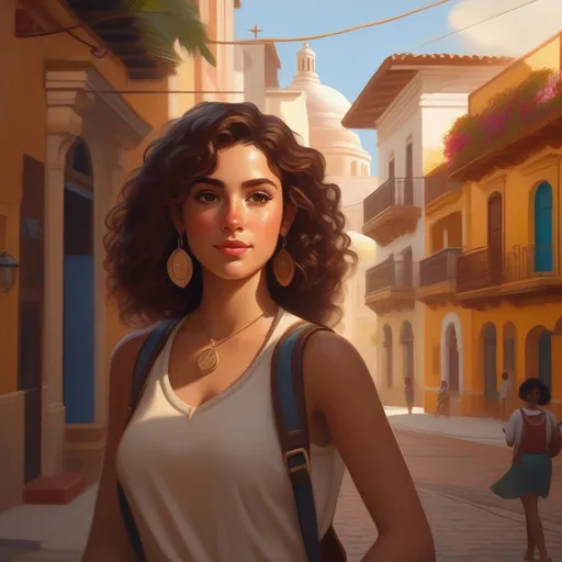 Prompt: Third person, gameplay, Puerto Rican girl, pale skin, freckles, curly brown hair, brown eyes, 2020s, smartphone, San Juan, golden atmosphere, cartoony style, extremely detailed painting by Greg Rutkowski and by Henry Justice Ford and by Steve Henderson 