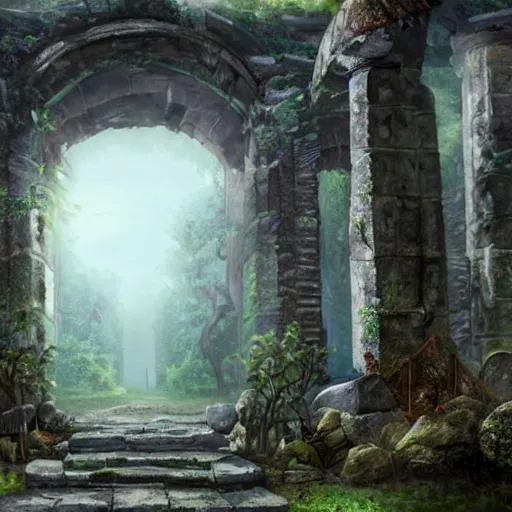 Prompt: concept art of ancient fantasy ruins in a forest with an ancient archway in it's walls, trending on artstation, gloomy, foggy