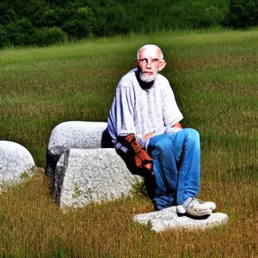 Prompt: An old man sitting on a slab of stone in the middle of a field