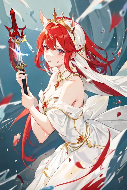 Prompt: Haley as a horse girl with bright red side-swept hair, crying, wearing a white and gold royal gown covered in blood stains, wearing a crown, holding a dagger. 