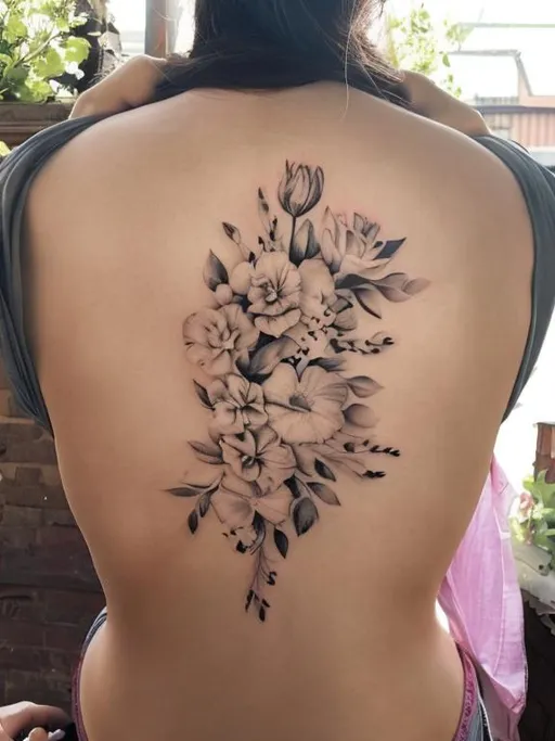 Prompt: Full back tattoo with flowers 