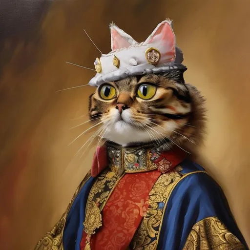 Prompt: An oil painting of a cat dressed as a emperor
