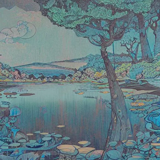 Prompt: in the style of James Jean, a landscape with a lake at night