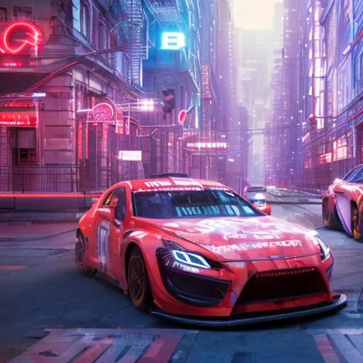 Prompt: two cars sitting on the grid ready to race in the streets of Manhattan with neon lights lighting up the night sky