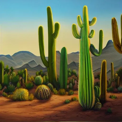 Prompt: realistic cactus desert landscape painting





