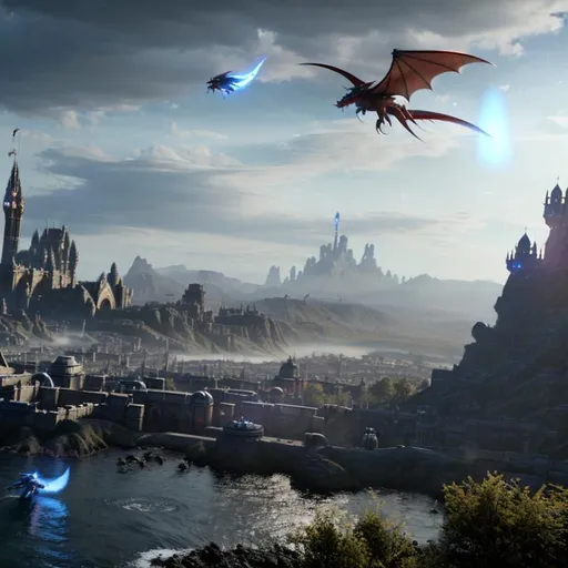 Prompt: Wyvern floating in the air, the character has deep blue scales detailed, Dark red eyes detailed, full body, good quality, realistic, medieval city in  the background, lightning striking medieval city in the background, mountains in background behind city, good quality, realistic