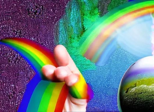 Prompt: crystal ball in angels hand spouting a colorful rainbow to the earth

