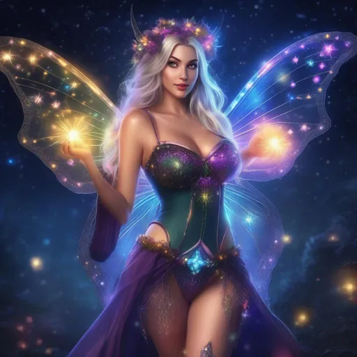 Prompt: A whole  full body image of a stunningly beautiful, hyper realistic, buxom woman with bright eyes wearing a sparkly, glowing, skimpy, sheer, fairy, witches outfit on a breathtaking night with stars and colors with glowing detailed sprites flying about, fairy dust, standard, magical