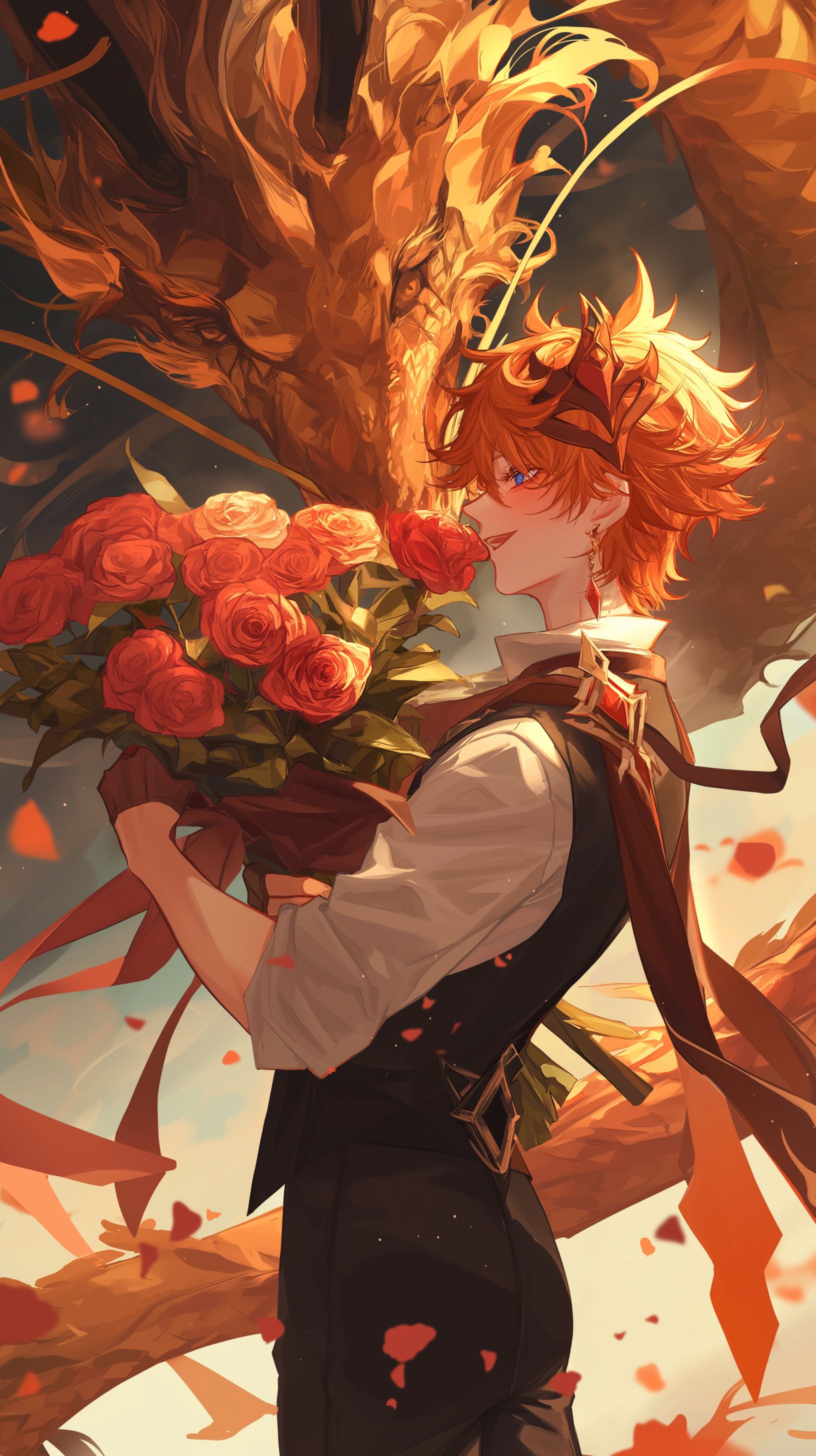 Prompt: Tartaglia from Genshin Impact holding a bouquet of beautiful roses smelling them and blushing, dressed fancy as a giant brown and gold asian style dragon flys around the image majestically holding a rose in it's mouth, magic, love --ar 9:16 --niji 6
