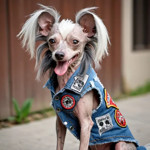 Prompt: Chinese Crested Dog wearing a heavy metal music denim vest with patches