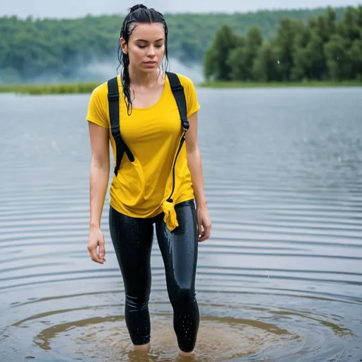 Prompt: photo of young woman, soaking wet clothes, blue sneakers, black tight leggings, yellow t-shirt with straps,  , standing in lake,   enjoying, water dripping from clothes, clothes stuck to body,  detailed textures of the wet fabric, wet face, wet plastered hair,  wet, drenched, professional, high-quality details, full body view.