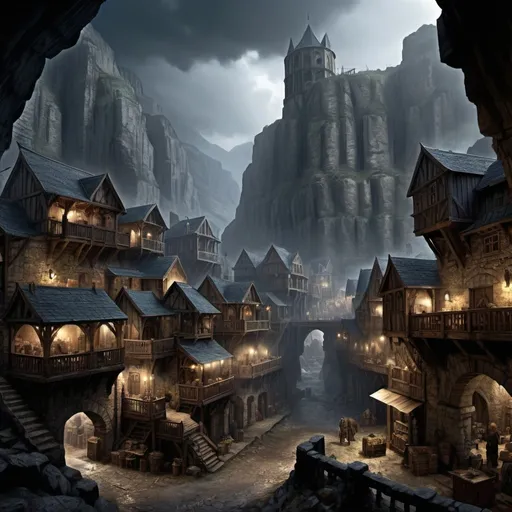 Prompt: Warhammer fantasy RPG town nestled in a deep gorge, omnious sky, dark night, heavy rain, eerie atmosphere, various buildings, mining town, rugged and weathered stone buildings, sprawling marketplace bustling with activity, towering cliffs on either side, dramatic lighting with harsh shadows, gritty and realistic, highres, detailed architecture, bustling marketplace, dramatic lighting, rugged stone buildings, fantasy RPG, gorge setting, sprawling town, weathered structures, dark blue tones