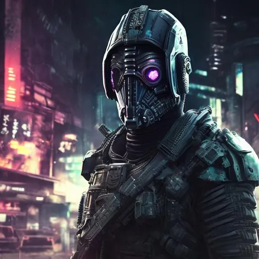 Prompt: Villain. Futuristic military armour with black and NEON trim. Slow exposure. Detailed. Male masked. Dirty. Dark and gritty. Post-apocalyptic Neo Tokyo. Futuristic. Shadows. Sinister. Brutal. Intimidating. Evil. Bionic enhancements. Fanatic. Intense. Hunter. Battle visor. Night vision