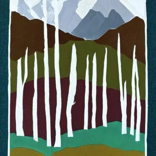 Prompt: Art representing a mountain hike. Use greens, blues, browns, whites, and maybe greys.
Make it minimalistic.