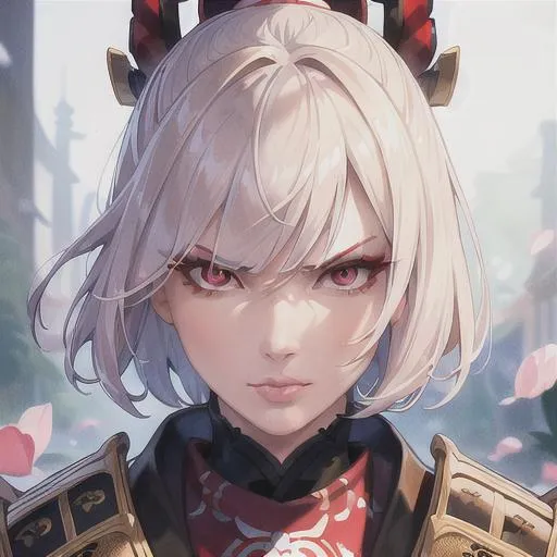 Prompt: (masterpiece, illustration, best quality:1.2), white background, short trimmed white hair, red eyes, wearing samurai armour, portrait, (mean face), best quality face, best quality, best quality skin, best quality eyes, best quality lips, ultra-detailed eyes, ultra-detailed hair, ultra-detailed, illustration, colorful, soft glow, 1 woman, mature woman, samurai theme