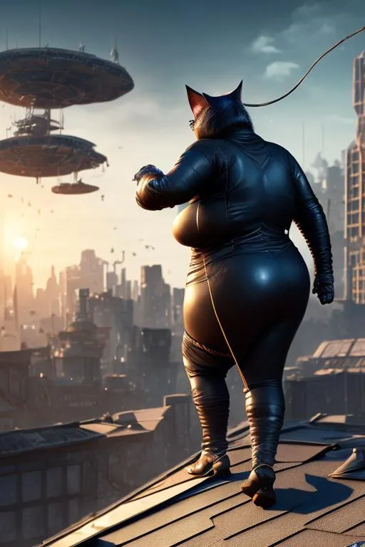 Prompt: old dirty and fat catwoman, walking on the roof, full body, damaged suit, hyper realistic, high fantasy, artstation, detailed, random background, cinematic