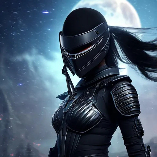 Prompt: create photograph of beautiful female ninja who is wearing bright black futuristic ninja suit,  night time and beautiful sky  space and planets an nebulae in sky highly detailed, detailed face, extremely detailed environment, extremely detailed background, extremely detailed skin, extremely detailed clothing, natural colors , professionally color graded, photorealism, 8k, realistic, moody lighting, galactic environment, volumetric lighting