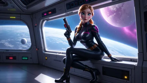 Prompt: a woman in a uniform and black boots and hold a laser rifle and posing for a picture in a space station with a window and a distant galaxy in the window, Eve Ryder, space art, stanley artgerm lau, a fine art painting