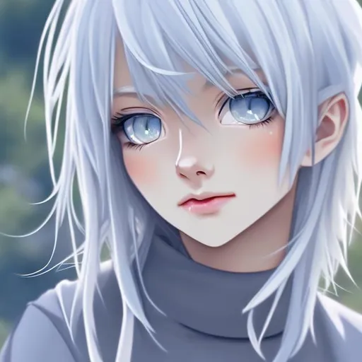 Prompt: young woman,  silver hair that is short , bored expression, blue eyes, soft lips, anime style