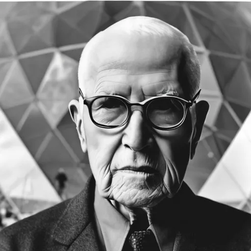 Prompt: Buckminster Fuller portrait with his geodesic dome in the background.