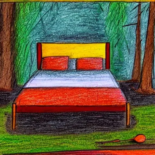 Prompt: a colorful drawing of a bed, that is in the middle of a forest, with solid colors