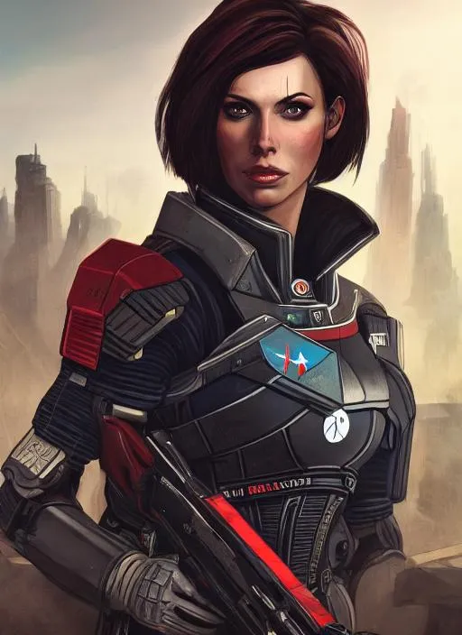 Prompt: Portrait of commander shepard with black hair and with beautiful face, city ruins, perfect composition, hyperrealistic, super detailed, 8k, high quality, trending art, trending on artstation, sharp focus, studio photo, intricate details, highly detailed