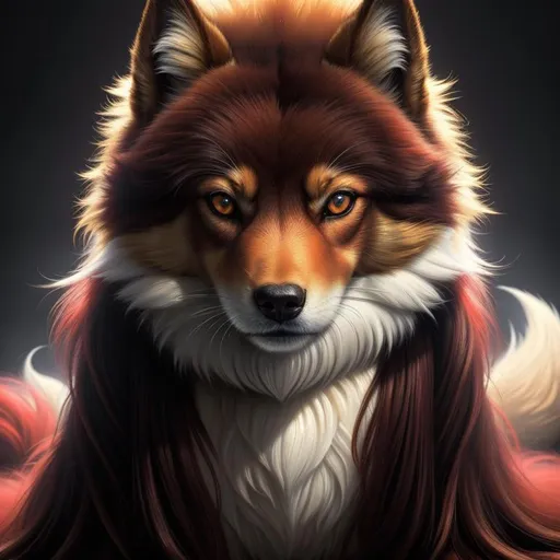 Prompt: 8k, 3D, UHD, masterpiece, oil painting, best quality, artstation, hyper realistic, perfect composition, zoomed out view of character, 8k eyes, Portrait of a (beautiful Ninetales), {canine quadruped}, thick glistening gold fur, deep sinister {crimson eyes}, ageless, lives a thousand years, epic anime portrait, wearing a beautiful (silky scarlet and gold scarf), thick white mane with fluffy golden crest, golden magic fur lighlights, game of thrones atmosphere, studio lighting, animated, sharp focus, intricately detailed fur, sharp detailed eyes, beautifully detailed face, highly detailed starry sky with pastel pink clouds, ambient golden light, nine beautiful tails with pale orange tips, insanely beautiful, symmetric, sharp focus, professional, unreal engine, high octane render, highly detailed mouth, Yuino Chiri, Anne Stokes