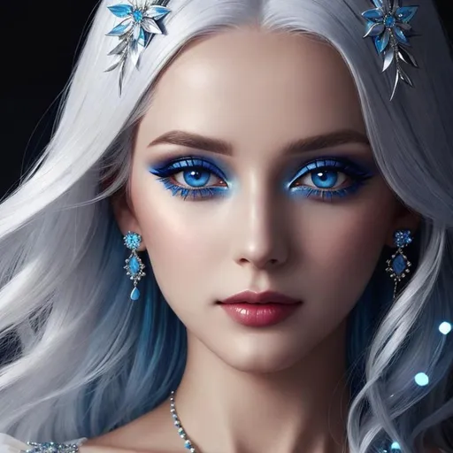 Prompt: A beautiful woman, white hair, blue eyes, blue eyeshadow, blue jewels o